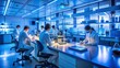© Bounpaseuth - Biotechnology lab illuminated by blue light, researchers working on DNA modifications