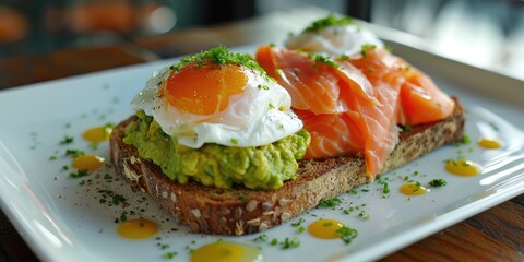 Sticker - Sourdough bread with a poached egg, smoked fish, and avocado spread presented on a light-colored dish.