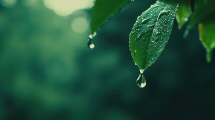 Poster - Green Leaf with Water Droplet Hanging   Nature Photography