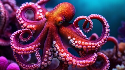 Close-up of a vibrant red octopus with extended tentacles, displaying its textured skin and suckers in a colorful coral reef.