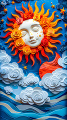 Smiling sun with floral motifs and sky, clouds and waves in bas-relief.