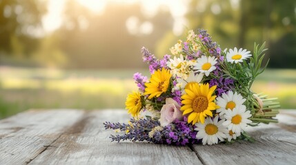 Wall Mural - A vibrant bouquet showcasing daisies, sunflowers, and lavender rests on a wooden surface, illuminated by the warm sunlight. Generative AI