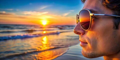 Close-up of person wearing sunglasses by the beach at sunset with water and sun in background