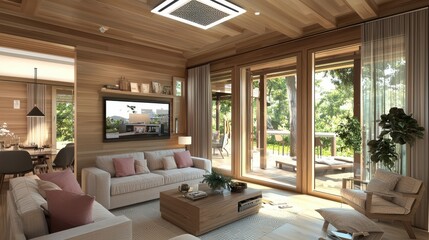 Sticker - Modern Living Room with Wooden Walls and Patio Doors