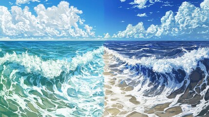 Sticker - Ocean Waves Crashing on Sandy Beach with Blue Sky and Fluffy Clouds