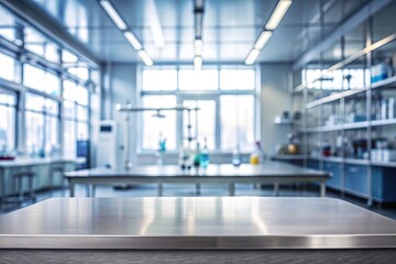 steel top with blurred empty science lab room background can be used for mocking up or display product to make advertising.