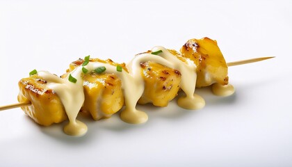 Wall Mural - Yakitori with cheese sauce on white background isolated