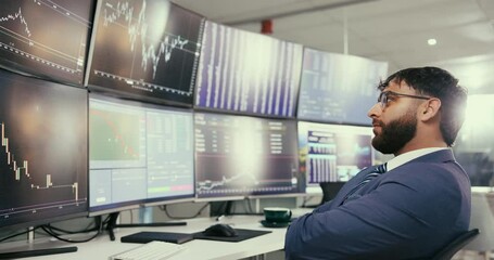 Poster - Young, businessman and broker with screen for stock market, trading or monitoring investments at office. Man, trader or investor with candlestick display, data or plummet for financial graph or chart