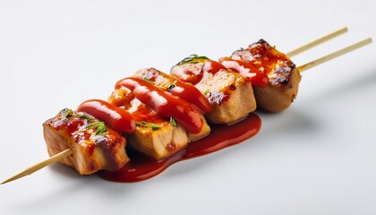 Wall Mural - Yakitori with red sauce on white background isolated