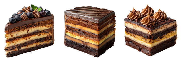 Chocolate cake with layers of chocolate frosting, opera cake isolated on transparent background, generative ai