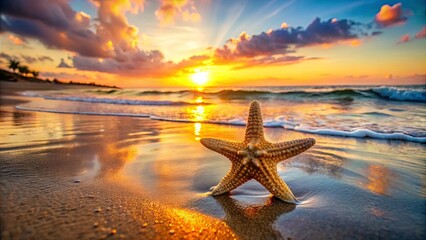 Starfish lying on the shoreline as the sun sets over a beautiful tropical beach