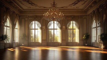 Sticker - Sunlit Grand Ballroom with Ornate Details and Arched Windows