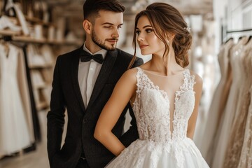 bride in wedding dress and groom wearing tuxedo posing together