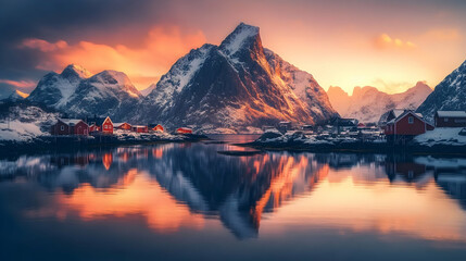 Wall Mural - Stunning sunset over snow-capped mountains reflecting in calm water.