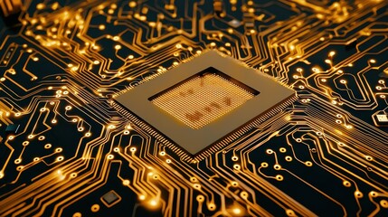 Poster - Closeup of Illuminated Gold Circuit Board with Processor