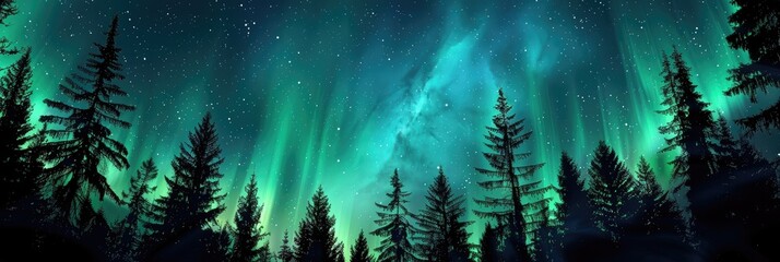 Wall Mural - A captivating view of the northern lights shining brightly in a star-filled sky with dark tree silhouettes.