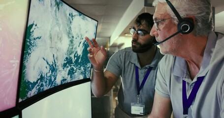 Poster - Computer screen, weather map and media employee for report, news or forecast in discussion as meteorologist. Male people, research and professional for update, ecology and analysis for climate change