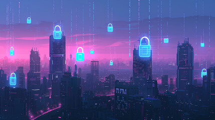 Sticker - Futuristic cyber city with floating padlock icons symbolizing digital security