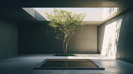 Wall Mural - Minimalist Courtyard with Tree, Pond, and Skylight