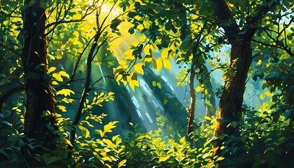 Sunlight shines through the leaves in the dense forest, presenting a vibrant natural scene full of green life.