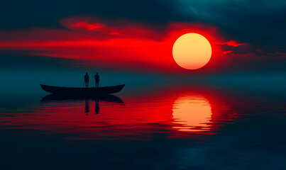 Wall Mural - Two people in a rowboat watching the sunset.