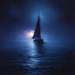 A sailboat sails through the dark waters of the ocean, illuminated by a faint glow on the horizon.