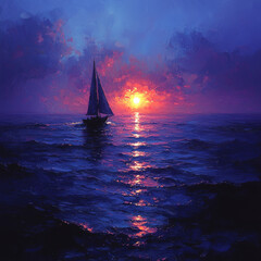 Wall Mural - A sailboat glides across the water, silhouetted against a stunning sunset sky, with the sun casting a warm glow on the rippling waves.