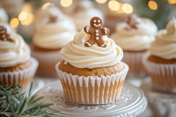 A close-up of cupcakes with caramel flavor cream white frosting and gingerbread man decorations, on an elegant cake stand, surrounded by small green Christmas tree branches and sprinkles. 