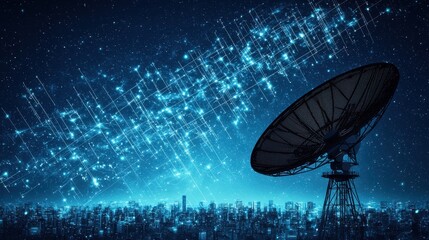 Poster - Satellite Dish Cityscape with Blue Glowing Lines and Stars