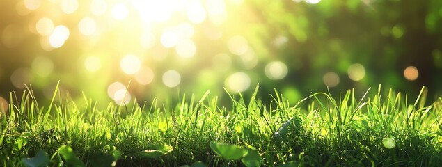 Wall Mural - close-up of green grass blades with bokeh background of sunlight shining through leaves.