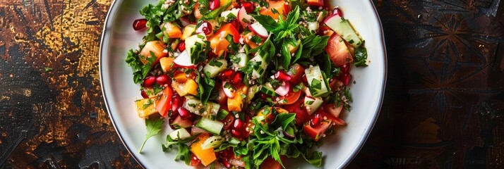 Wall Mural - Ramadan Salad featuring Fattoush, Tabbouleh, and a drizzle of Pomegranate Molasses