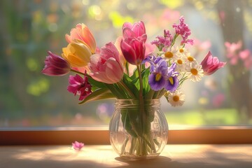 Wall Mural - A colorful assortment of tulips, irises, and daisies fills a clear glass jar, illuminated by warm sunlight streaming through the window. Generative AI