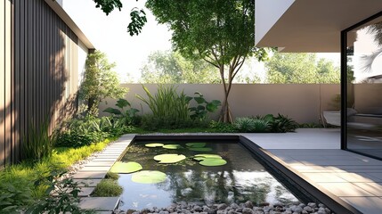 Wall Mural - Modern Minimalist Patio with Pond and Lush Greenery