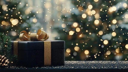 Poster - Black Gift Box with Gold Ribbon and Bokeh Lights