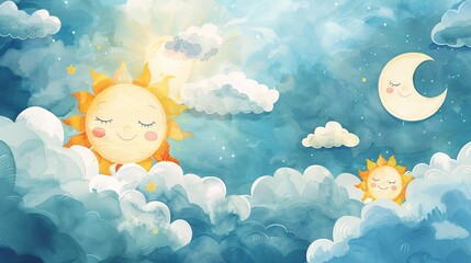 07250736 52. Charming watercolor illustration with fluffy clouds and bright suns, all smiling and cheerful, accompanied by a serene moon with a gentle smile, depicting a delightful weather concept