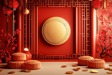 Traditional Chinese banners with mooncake and gold decoration on red background and blank space for text. Chinese palace banners red product display