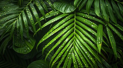 Wall Mural - 07250736 65. Beautifully detailed view of bright green palm leaves with delicate raindrops, illuminated by natural summer daylight, creating a serene and tropical visual experience