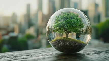 Poster - Small Tree in Glass Sphere on Wooden Surface with Cityscape Background