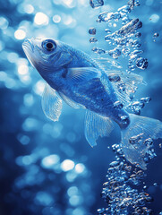 A close-up of a blue fish swimming through a stream of bubbles, creating a sense of underwater movement.