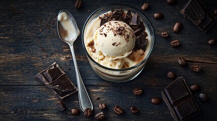 affogato with vanilla ice cream in a glass, spoon resting beside, scattered coffee beans, dark chocolate pieces, dark wooden background, indulgent and decadent morning treat