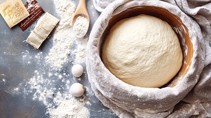 bread dough rising in a bowl covered with a towel, flour scattered on the counter, yeast packet, wooden spoon, bright natural light, wholesome and traditional baking setup