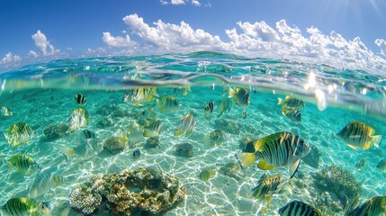 Wall Mural - Tropical Fish Underwater with Blue Sky and Clouds