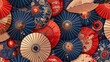 © Sinechana - 07250736 83. Elegant seamless pattern of traditional Japanese umbrellas, incorporating delicate and intricate designs, suitable for a rainy season-themed poster, card, or background