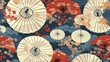© Sinechana - 07250736 84. Artistic Japanese-inspired seamless umbrella pattern, featuring classic motifs and a harmonious color palette, perfect for a rainy season poster, card, or backdrop