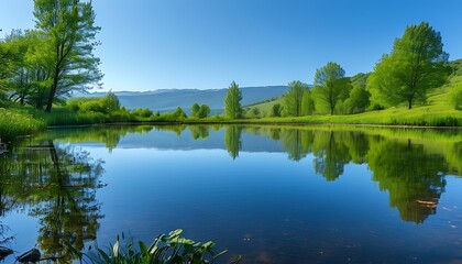 Wall Mural - On the edge of the peaceful pond, a blue sky and clear water reflect the surrounding natural scenery. The trees are shaded and the hills stand quietly in the distance.