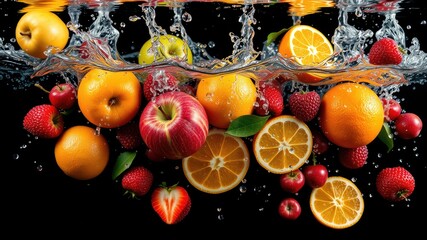 Wall Mural - Falling fruit, fruits with water drops, falling water, apples with black isolated, fruit and berries