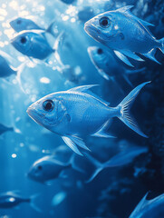 A school of silver fish swims through a deep blue ocean, sunlight filtering down from above.