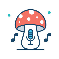 Singing mushroom. Cartoon mushroom with a microphone, suggesting musical creativity and recording sound.