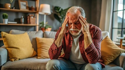 Elderly man with a headache, sitting on a couch at home.