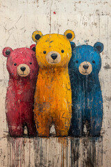 Three painted teddy bears, one red, one yellow, and one blue, stand in a row on a textured wall.